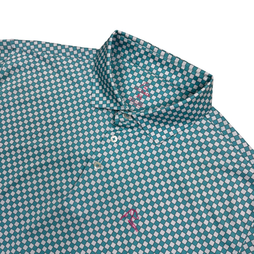 Rhoback Teal and White Check Print Performance Polo